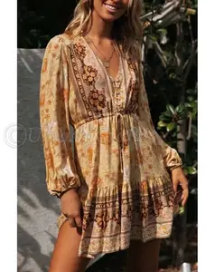 Robe longue à imprimé Floral pour femmes, nouveauté, Vintage, manches longues, décolleté en V profond, avec bouton en l'avant, robes mi-longues d'été