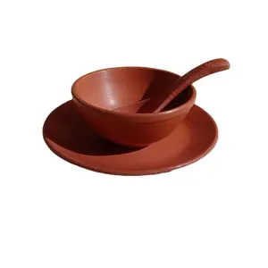 新设计手工粘土陶土圆形环保光泽汤碗，带充电板和勺子，容量275毫升