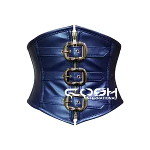 COSH CORSET Underbust Steelboned Blue Leather Corset With Front Buckles Waist Training Fashion Wear Leather Corset Belt Vendors