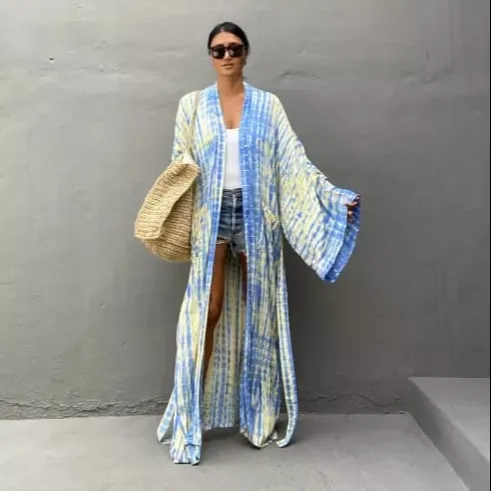 2022 nuovo abbigliamento da spiaggia Sexy fatto a mano Tie Dye maniche lunghe 100% cotone Beach Wear coprire Kimono lungo per donna