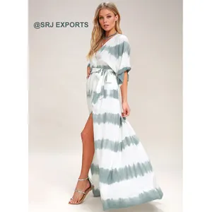 Baju Terusan Lengan Kimono Pendek Gaun Maxi Ikat Celup Tie-Dye Putih Harga Terbaik Mode Grosir Sabuk Selempang Elastis dan Elastis