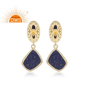 Natural Lapis and CZ Gemstone Sterling Silver Gold Plated Drop Earrings-Trendy Party Gift Jewelry - Product Image 4