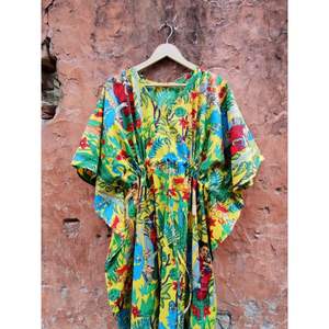 Suave y cómodo amarillo Floral bloque de mano estampado caftán vestido túnica suelta ropa de playa indio Maxi vestido encaje tejido algodón al por mayor - Product Image 6
