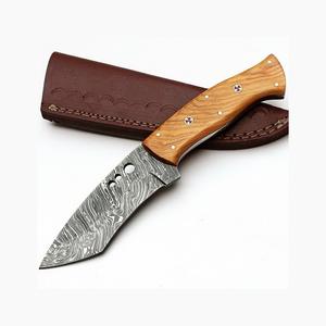 Cuchillo de caza de hoja fija de acero de Damasco personalizable OEM con empuñaduras de madera de olivo y pasadores de mosaico, hoja con punta de lanza - Product Image 3