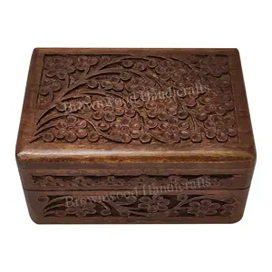 Natural Solid Mango Wood Hand Carved Box Supplier Brown Stain Color 6x4x3 Inch Wooden Carving Box with Free Custom Brand logo