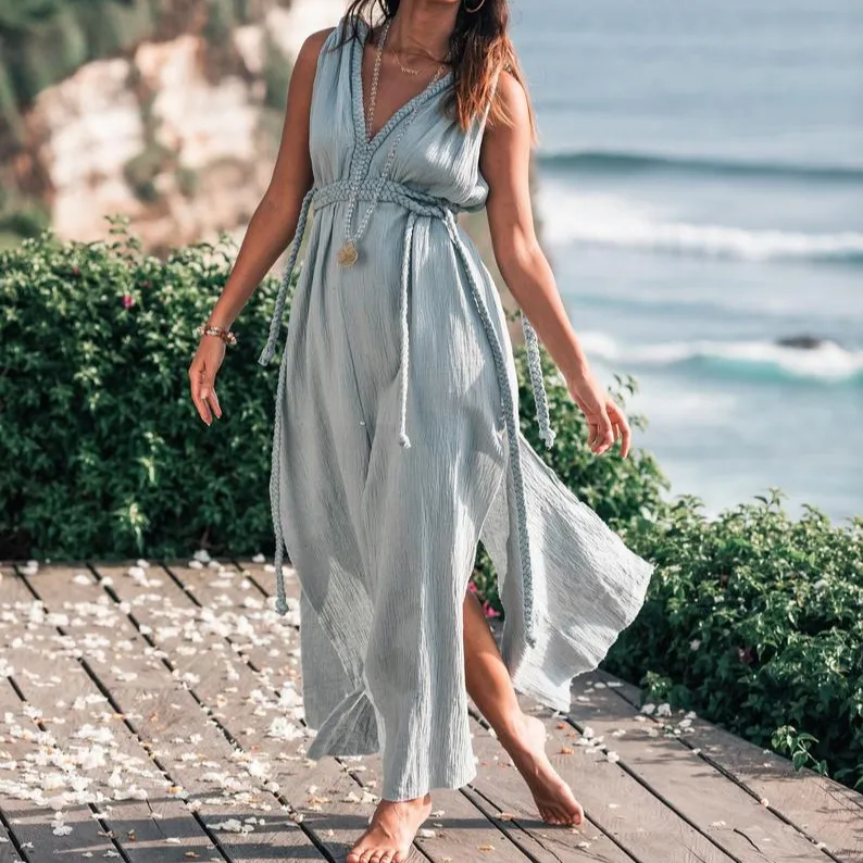 Vestido boho feminino, vestido boho de linho étnico