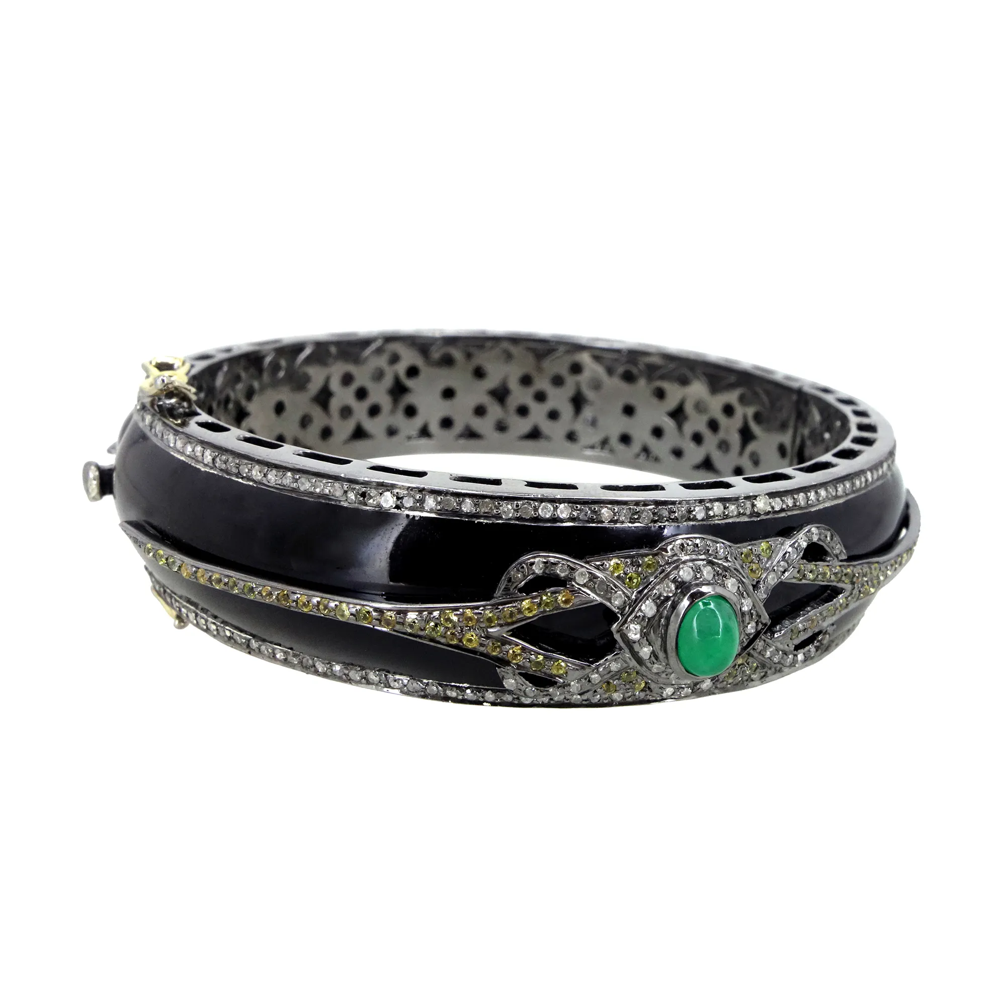 Vintage Armband in Schwarz Emaille mit Gelben Saphiren und Smaragde Verschluss Armband in 14k Gelb Gold und 925 Sterling silber