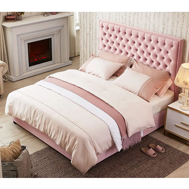 Sıcak satış Modern lüks yatak odası mobilyası katı ahşap çerçeve pembe kadife yatak