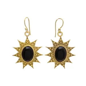 Black Onyx Oval Shape Shinning Star Designer Brass Earring