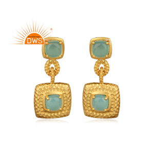 Latest Selling Hammer Finish Silver Earring Gold Plated Aqua Chalcedony Gemstone Earring Wholesale Silver Stud Earring - Product Image 1