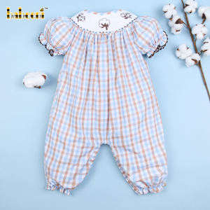 Conjunto de Romper de Burbuja para Bebé Niña, 100% Algodón Orgánico, Tela a Cuadros Primaveral, Cierre de Botones a Presión, Bordado a Mano, OEM ODM BB2565 - Product Image 2