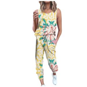 Custom Women <b>Tie</b> Dye Printed U Neck Sleeveless <b>Top</b> With Elastic <b>Waist</b> Drawstring Pant Two Pockets Tracksuit Outfits Active Wears - Product Image 3