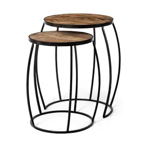 2套咖啡桌在芒果木头家具工业风格在铁架圆形实木顶部中央咖啡桌