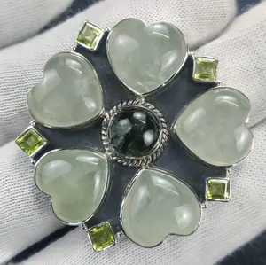 橄榄石和Prehnite天然宝石银环925银声明环半珍贵绿石纯银戒指