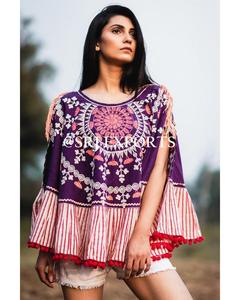 Bohemian Embroidery 100% Cotton Embroidered Organza Poncho with Pompom <b>Lantern</b> Sleeve Ruffle Hem Loose Fit Summer Casual Dress - Product Image 1
