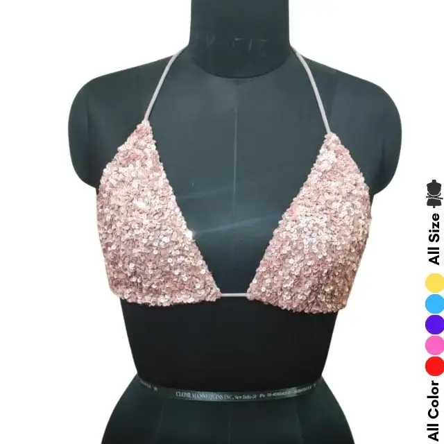 Sequins pink Bra Women Fashion Sparkle Sequins Beading Bra Top for Raves Dances Club Wear Belly Dancing Sexy Bra Party
