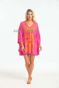 Robe caftan courte à manches longues en tissu doux et confortable, brodée à la main, style traditionnel, dentelle, vêtement décontracté pour femme, tenue d'été, tunique - Product Image 2