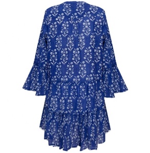 Blue Floral Print Short Sleeve Mini <b>Dress</b> COLLARLESS <b>Loose</b> Boho Style Cotton <b>Summer</b> Party with Ruffle Hem Vintage Handmade - Product Image 3