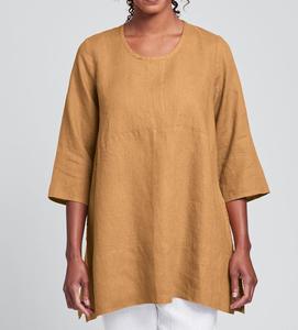 Robe Tunique Courte en Lin Col Rond Manches Longues Couleur Unie Coupe Ample Ourlet Asymétrique Respirante Broderie Formelle - Product Image 3