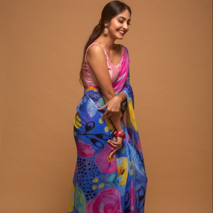 Sarees Seda Fiesta Desgaste Indio Último Diseñador Mujeres Desgaste Sari con Blusa Japón Satén Crape Seda Telas Suaves Impresión Digital Sari Prenda - Product Image 1