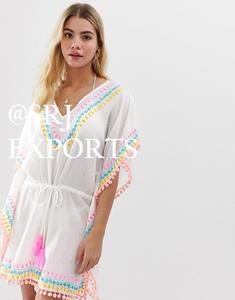 Femme adulte caftan robe chaude Semi transparent point de chaîne broderie col en v cravate gland fixation coupe régulière respirant Floral - Product Image 3