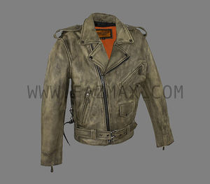 Veste de moto en cuir de vache vieilli pour hommes, grande taille, lacets latéraux en cuir noir délavé, fermeture éclair, imperméable et respirant - Product Image 2