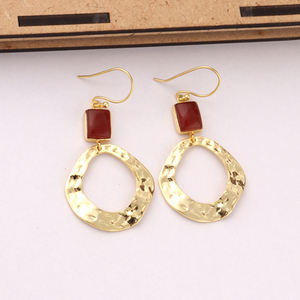 Bijoux de mode fins, boucles d'oreilles en cornaline naturelle avec breloque martelée, pendants suspendus, plaqué or, crochet goutte, bijoux - Product Image 4