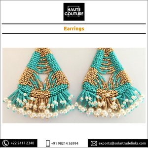 Top qualité 10 cm de Long triangulaire en forme de cloche vêtements pour femmes brodé à la main or Turquoise perles boucles d'oreilles goutte - Product Image 6