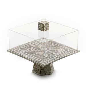 Soporte para Pastel con Incrustaciones de Hueso y Madreperla, con Cúpula de Cristal de Diseño, Forma Cuadrada, Soporte para Pastel de Madera Más Vendido - Product Image 1