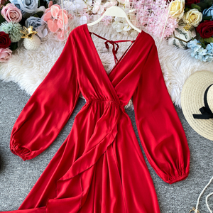 ชุดเดรสแฟชั่นคริสต์มาสสำหรับผู้หญิง,สีแดงคอวีแขนยาวสำหรับใส่ฤดูใบไม้ร่วง - Product Image 2