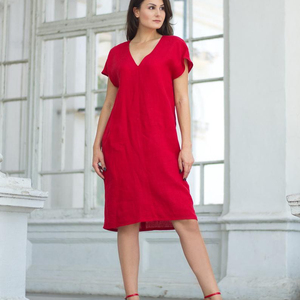 Robe Formelle Rouge Col V Manches Courtes Longueur Genou 100% Lin Crêpe Coupe Ample Respirante Tissée Couleur Unie Simple Quotidienne Été - Product Image 1