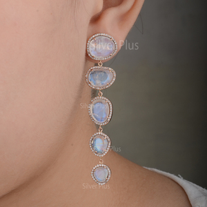 Genuine Moonstone <b>Diamond</b> <b>Dangle</b> <b>Earrings</b> Solid 14K Yellow Gold Jewelry Manufacturer - Product Image 4