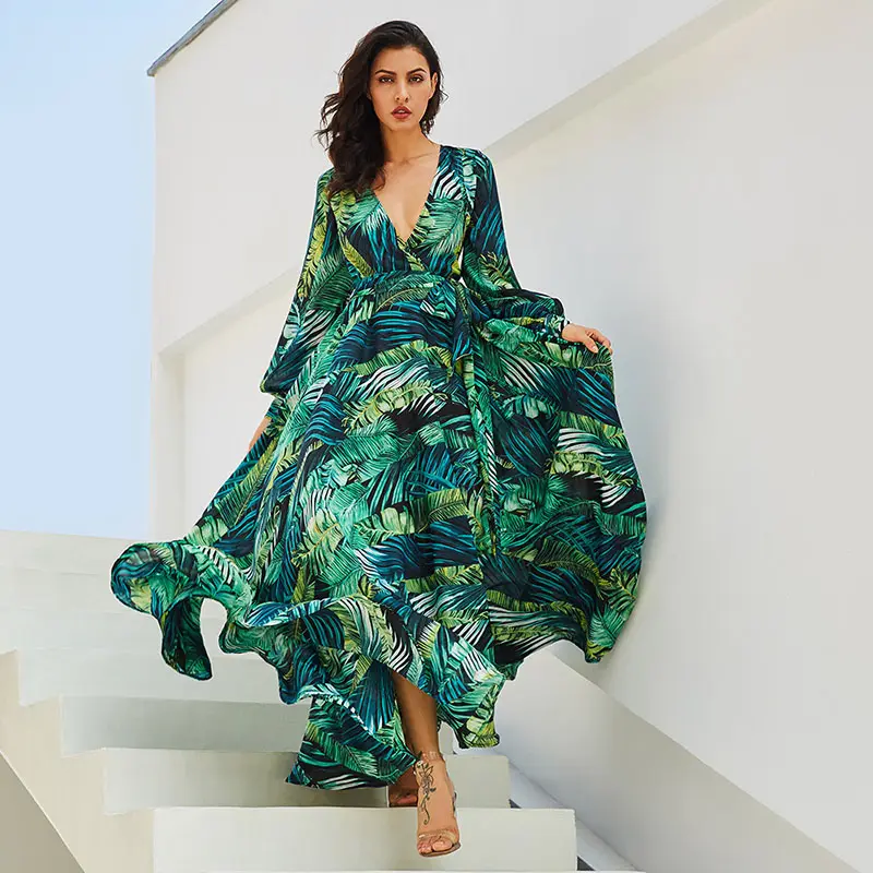 Nouveautés Vêtements d'été en mousseline de soie 5xl Plus Size Femme Robe longue Col V Imprimé floral Boho Maxi Robe de plage pour femmes