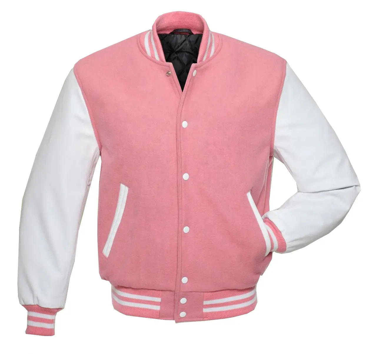 Chaqueta Letterman de lana rosa, mangas blancas de cuero auténtico/chaqueta Bomber universitaria