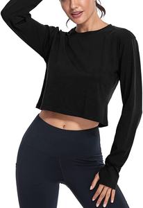 Ladies' Solid Color <b>Long</b> <b>Sleeve</b> Workout <b>Tops</b> Wholesale Jersey Fabric Crop <b>Tops</b> with Thumb Hole Hip Hop Style for Women - Product Image 4