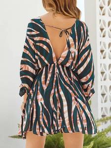 Automne fête porter Sexy Mini robe pour les filles nouvelle impression d'été 100% coton col en v profond décontracté demi manches tissé taille naturelle - Product Image 3