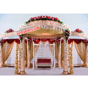 Mandap de mariage sculpté, Mandap en fibre dorée sculptée, Mandaps de mariage ronds, Décorations personnalisées de haute qualité, Vente aux États-Unis - Product Image 1