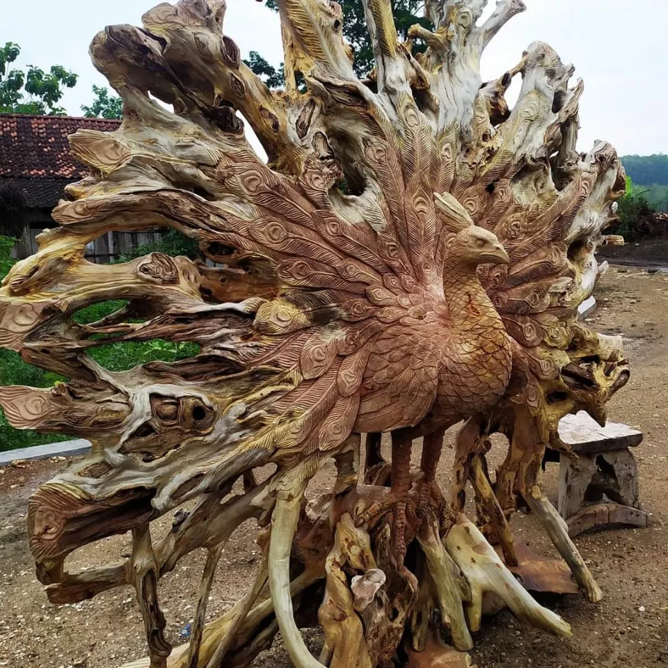 Statue de phœnix en bois de teck naturel, grande décoration exotiques, Technique de sculpture Exclusive