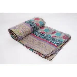 Indian Hand Made Cotton Kantha Coverlet Queen Twin Size Vintage Kantha Quilt Hand Block Printed Bed Cover Ethnic Bedspread Throw