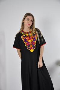 Vente chaude femmes coupe ample Satin caftan broderie florale col en v fermeture éclair gland décorations genou longueur lavable naturel - Product Image 2