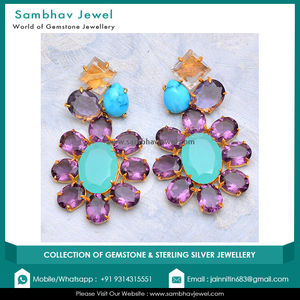 Boucles d'oreilles à la mode en argent Sterling 925 naturel multi calcédoine pierres précieuses Micron plaqué or femmes cadeau approvisionnement en vrac - Product Image 3