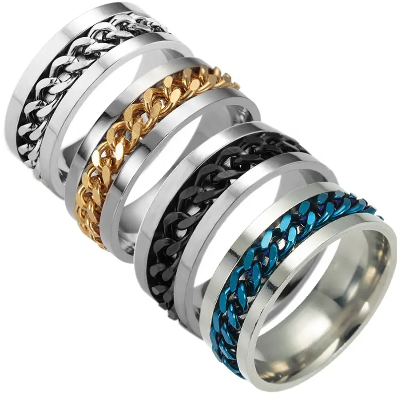 2023 Hip Hop Punk cadena giratoria joyería plateada anillos oro Acero inoxidable mujer hombre diseño tres colores hombres Hiphop cojín corte