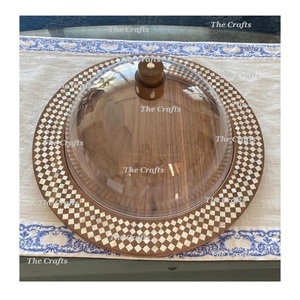 Plateau de service en bois de couleur marron avec dôme en verre plateau de service de qualité supérieure avec couvercle pour vaisselle - Product Image 4