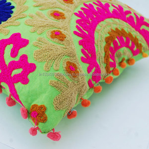 Home Decoration Cotton <b>Sofa</b> Folk Suzani Embroidered Cushion Cover Hot Style Body <b>Support</b> Pillow Case With Pom Pom Lace - Product Image 4
