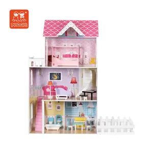 New Design Children Pretend Play Pink Furniture Toy Kids Wooden Large Doll House For Girls 3+
