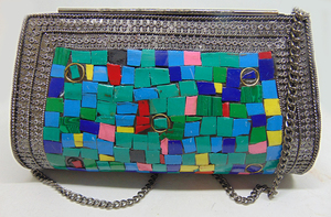 Antique multicolore mosaïque pierre pochette décontracté fête mariage sac à bandoulière chaîne décoration rabat motif fait à la main sac en métal - Product Image 2