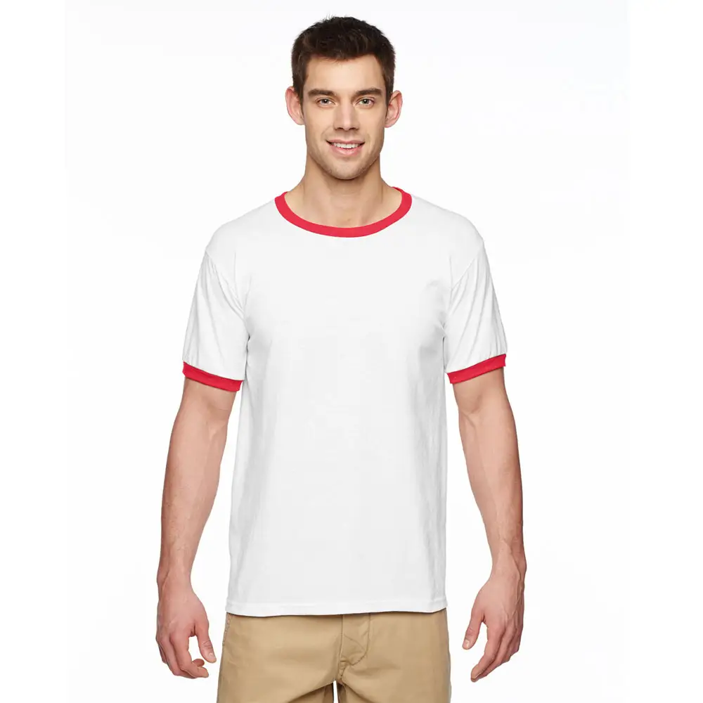 Camiseta blanca y cuello rojo para hombre, Camiseta de algodón 100% unisex, suministro directo de fábrica, manga corta, cuello redondo para adulto