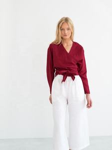<b>100</b>% Natural <b>Linen</b> <b>Fabric</b> Long Sleeves Cool Women Boho Wrap Blouse With Pure Front Tie Top - Product Image 2