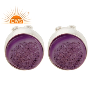 Pendientes de tuerca redondos de ágata Druzy púrpura Natural para mujer, venta al por mayor, joyería de plata fina, Colección clásica - Product Image 2