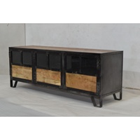 Support de téléviseur convertible extensible de style industriel moderne portes en verre et en métal pour la maison de ferme, l'appartement, l'hôtel et le salon.